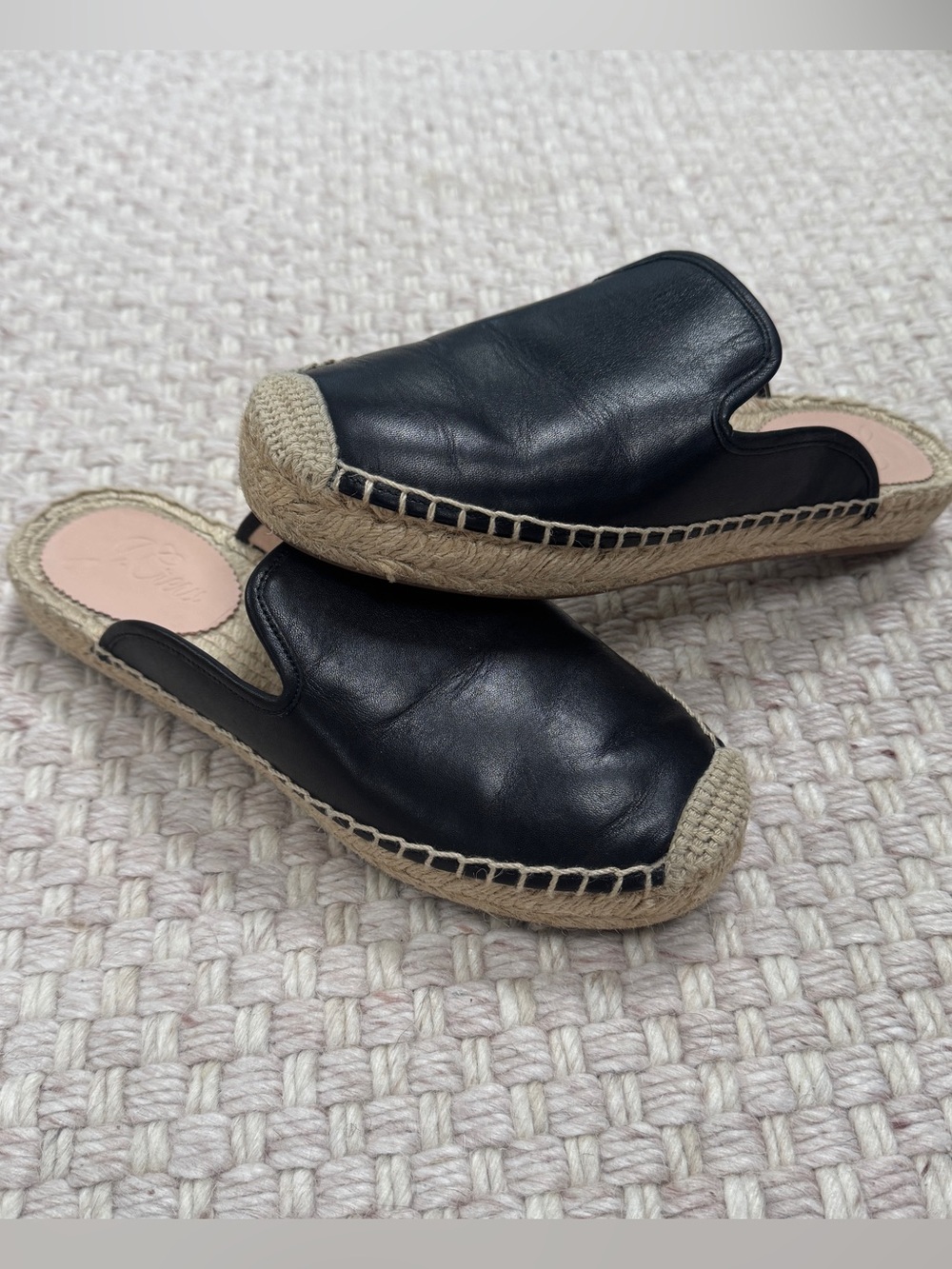 J. Crew Black Leather Slip On Espadrilles Flats Coastal Minimalist Size 7.5
